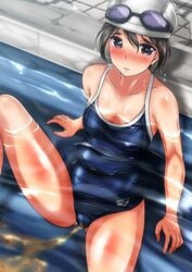 1girls black_hair blush long_hair looking_at_viewer peeing peeing_in_water poppoes school_swimsuit small_breasts solo swimcap swimming_pool