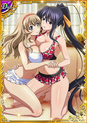 2girls absurdly_long_hair akeno_himejima aqua_eyes big_breasts bikini blush breast_press breasts busty card_(medium) cartoony cleavage covered_breasts crossover demon embrace embracing female female_only hair_ornament hair_ribbon hairband high_school_dxd humanoid ikkitousen indigo_hair kneeling large_breasts long_hair long_ponytail microskirt miniskirt multiple_girls navel plaid_bra plaid_skirt purple_eyes red_hairband skirt smile smiling sonken_chuubou white_bra white_skirt yuri