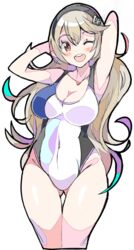 1girls ;d alternate_costume armpits arms_behind_head arms_up arms_up_pose ass_visible_through_thighs black_hairband blonde_hair blush breasts cleavage collarbone competition_swimsuit corrin_(fire_emblem) corrin_(fire_emblem)_(female) covered_navel cropped_legs elf enpe fire_emblem fire_emblem_fates groin hairband highres large_breasts long_hair looking_at_viewer manakete nintendo one-piece_swimsuit one_eye_closed open_mouth pointy_ears round_teeth simple_background smile solo swimsuit teeth thick thigh_gap thighs upper_teeth very_long_hair white_background white_swimsuit wink winking