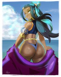 10s 1girls 2019 aqua_hair armpits ass back bare_shoulders beach big_ass big_eyes bikini blue_background blue_eyes blue_hair breasts butt_crack clothed clouds dark-skinned_female dark_skin day earrings eye_contact eyelashes female female_only hair_ornament half-closed_eyes holding hoop_earrings human large_ass long_hair looking_at_viewer looking_back nessa_(pokemon) nintendo ocean oddabellatay outdoors pokemon pokemon_ss pose shiny_skin sky source_request standing teeth text thick_thighs thigh_gap todd_l._milhouse toddabella towel water watermark white_border wide_hips