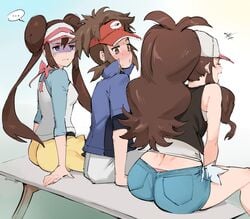 ... 1boy 2girls ass big_ass blush breasts clothed female half-closed_eyes hilda_(pokemon) human kenshin187 looking_back male male/female nate_(pokemon) nintendo panties pokemon pokemon_bw pokemon_bw2 ponytail rosa_(pokemon) shirt short_shorts shorts skirt small_breasts sweat twintails wide_hips