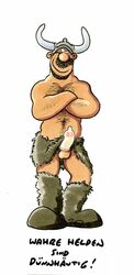 1boy arms_crossed beard chest_hair clothed condom condom_on_penis erection facial_hair fur_boots horned_helmet loincloth loincloth_lift male male_only penis_pointing_toward_viewer smirk topless viking viking_helmet