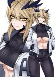 alternate_costume artoria_pendragon artoria_pendragon_(lancer_alter) big_breasts blonde_hair casual cleavage fate/grand_order fate_(series) hair_bun hands_in_pockets j.k. jacket looking_at_viewer midriff navel short_hair spikes sweater underboob yellow_eyes