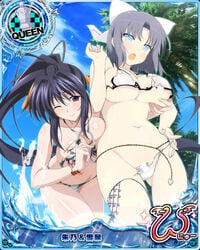 2girls absurdly_long_hair akeno_himejima assisted_exposure big_breasts bikini bikini_bottom black_hair blue_eyes bra breast_grab breasts busty card_(medium) crossover demon female female_only fondling fondling_breast grabbing_from_behind grey_hair headwear high_school_dxd huge_breasts humanoid large_breasts leaning_forward long_hair magenta_eyes official_art one_eye_closed open_mouth panties pinup ponytail ripped_clothing senran_kagura senran_kagura_(series) short_hair smile smiling splash standing standing_in_water striped_bra surprise surprised tearing_clothes thighs thong torn_bra torn_clothes torn_clothing torn_panties water white_bikini white_bikini_top white_bra wink winking yaegashi_nan yumi_(senran_kagura) yuri