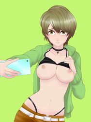 1girls atlus belt bikini bikini_bottom bikini_girl_3 bikini_top bikini_top_lift bikini_under_clothes black_bikini black_bra bra_lift breasts brown_eyes brown_hair brown_shorts cellphone choker female female_only fire_emblem gen'ei_ibunroku_sharp_fe genei_ibun_roku genei_ibun_roku_#fe genei_ibunroku_#fe green_hoodie green_jacket hoodie jacket large_breasts maverick-crafts navel necklace nintendo nipples npc open_clothes open_hoodie open_jacket self_shot selfie short_hair shorts smartphone smile solo solo_female stomach tokyo_mirage_sessions_#fe white_belt