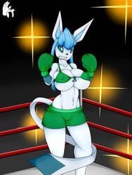 1girls 3dboxing abs anthro anthro_only anthrofied arena armpits belly big_breasts big_ears big_eyes big_thighs bikini bikini_top blue_fur blue_sclera boxing boxing_gloves boxing_ring breasts bursting_breasts canine cleavage clenched_teeth clothed eye_contact fangs female furry glaceon gloves green_bikini green_bikini_top green_boxing_gloves green_bra green_gloves green_shorts grin half-closed_eyes huge_breasts huge_ears humanoid large_breasts large_ears long_ears long_tail looking_at_viewer navel nintendo nipple_bulge nipples_visible_through_clothing original_character pokemon pokemon_dppt shorts simple_background smile solo squished_breasts standing tail teeth thick thick_hips thick_thighs thigh_gap thighs underboob watermark white_eyes white_skin wide_hips