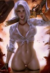 1girls 2d ashe_(overwatch) blizzard_entertainment breasts gun logan_cure overwatch panties panties_down pubic_hair pussy red_eyes see-through solo solo_female sweat trimmed_pubic_hair uncensored weapon weapon_over_shoulder wet white_hair