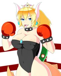 1girls 3dboxing bare_arms bare_chest bare_shoulders belly_button big_breasts big_thighs black_leotard blonde_hair blue_eyes bowsette boxing boxing_gloves boxing_ring breasts brooch cleavage clothing collar crown earrings eye_contact eyebrows_visible_through_hair fangs female female_only fighting_ring genderswap gloves highres horns human human_only jewelry large_breasts leotard light-skinned_female light_skin looking_at_viewer mario_(series) new_super_mario_bros._u_deluxe nintendo nipple_bulge nipples_visible_through_clothing pale-skinned_female pale_skin pearl_earrings pointy_ears pointy_tongue ponytail red_boxing_gloves red_gloves shell simple_background solo solo_female spiked_armlet spiked_bracelet spiked_collar spiked_shell spiked_tail strapless_leotard super_crown tail thick thick_hips thick_thighs thighs tied_hair tight_clothing tongue tongue_out white_background wide_hips