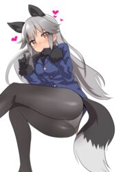 animal_ears ass blush business_suit female fox_ears fox_girl fox_tail fully_clothed grey_hair heart-shaped_pupils kemono_friends legs long_hair orange_eyes panties panties_under_pantyhose pantyhose silver_fox_(kemono_friends) suit tagme tail thighs white_panties yellow_fur