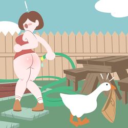 1girls ass assisted_exposure bare_ass blush bottomless clothes_removed exposed_ass female goose goose_(untitled_goose_game) hose lost_clothes outside skirt_removed stolen_clothes superspoe untitled_goose_game