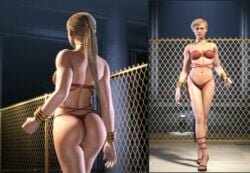 1girls 3d 3d_(artwork) ass back_view big_ass bikini blonde_hair cassie_cage female front_view high_heels human mortal_kombat mortal_kombat_11 mrsmugbastard ponytail pose shoes short_hair solo swimsuit thighs