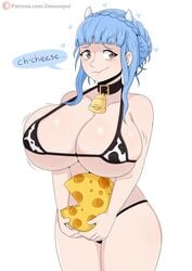 1girls bell bell_collar big_breasts bikini blue_hair breasts cheese cleavage clothed_female cow_bikini cow_girl english_text female female_focus female_only fire_emblem fire_emblem:_three_houses heart highres huge_breasts jinu large_breasts long_hair marianne_von_edmund nintendo patreon patreon_reward simple_background smile solo solo_female solo_focus speech_bubble tagme teenager text url video_game_character video_game_franchise