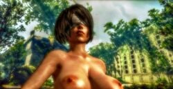 3d alternate_hair_color android areolae big_breasts black_hair blue_sky breasts bridge brown_lipstick brown_nipples brown_skin buildings bushes city city_background close-up clouds cybercole360 erect_nipples female female_only from_below headwear huge_breasts human human_only humanized lips lipstick looking_ahead mouth naked nier nier:_automata nipples nose_piercing nose_stud nude nude_female outdoors outside posing render roots ruins short_hair solo solo_female tan tanned tanned_skin trees video_games white_blindfold white_headwear xnalara xps yorha_2b