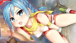 1boy 1girls blue_hair bow censored clothing cum cum_on_face cumshot dragon_quest dragon_quest_xi erect_nipples erect_nipples_under_clothes handjob medium_breasts mia_(dq11) mosaic_censoring shorts st.germain-sal