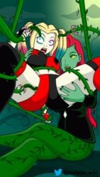 2d 2girls bondage booty_shorts canon_couple choker clothed clothing dc dc_comics female female_only femdom femsub footwear green-skinned_female green_skin handwear harley_quinn harley_quinn_(2019) harley_quinn_(series) implied_rape multiple_girls nutango poison_ivy poison_ivy_(harley_quinn) red_hair tentacle tied_up yuri