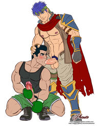 2boys armbands artist_name artist_signature black_hair blowjob blowjob_face blue_eyes blue_hair blush boxing_gloves cape cock_gobble cock_hungry cum_hungry cum_in_mouth erect_nipples erection exposed_nipples exposed_penis fellatio fingerless_gloves fire_emblem fire_emblem:_path_of_radiance fire_emblem:_radiant_dawn gay giving_head going_down_on green_eyes headband holding_head holding_penis ike_(fire_emblem) knob_polishing little_mac male male_only masturbating_during_fellatio masturbation muscle nintendo open_shirt oral oral_sex orgasm_from_oral pants_down pants_open penis penis_out penis_size_difference phausto punch_out shorts_down shorts_pull squatting sucking sucking_off super_smash_bros. tank_top url video_games white_background