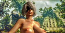 3d areolae big_breasts black_blindfold black_headband black_headwear blindfold blue_sky breasts bridge brown_lipstick brown_nipples brown_skin buildings bushes city city_background close-up clouds cybercole360 erect_nipples female female_only from_below headband headwear huge_breasts human human_only humanized lips lipstick looking_ahead naked nier nier:_automata nipples nude nude_female outdoors outside posing render short_hair sky solo solo_female tan tanned tanned_skin trees video_games white_hair xnalara xps yorha_2b