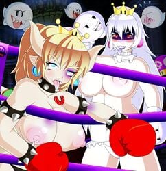 2girls 3dboxing albino arm_support beaten big_breasts big_nipples black_panties blonde_hair blue_earrings blue_eyes blush boo_(mario) boo_boxing_gloves boosette bowsette boxing boxing_gloves boxing_ring breasts bruise bruised_eye catfight choker collar crown defeated duo duo_focus earrings erect_nipples eyebrows_visible_through_hair fangs female female_only fight fighting_ring frilled_choker frilled_collar frilled_panties frills genderswap ghost gloves hair_between_eyes half-closed_eyes highres horns huge_breasts huge_nipples human human_only indoors knocked_out large_breasts large_nipples light-skinned_female light_skin long_hair looking_at_another looking_up mario_(series) mostly_nude mouth_guard multiple_girls new_super_mario_bros._u_deluxe nintendo nipples pale-skinned_female pale_skin pearl_earrings pink_earrings pink_tongue platinum_blonde_hair pointy_ears poison_mushroom ponytail purple_tongue red_boxing_gloves red_eyes red_gloves saliva sharp_teeth spiked_armlet spiked_bracelet spiked_choker spiked_collar spiked_shell super_crown super_mario_bros. thick thick_eyebrows thick_thighs thighs tied_hair tongue tongue_out topless topless_boxing upper_teeth white_boxing_gloves white_eyelashes white_gloves white_hair white_panties wide_hips