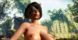 3d alternate_hair_color areolae big_breasts black_hair blindfold blue_sky breasts bridge brown_lipstick brown_nipples bushes city city_background close-up clouds cybercole360 erect_nipples female female_only headwear huge_breasts human human_only humanized lips lipstick looking_ahead mouth naked nier nier:_automata nipples nose_piercing nose_stud nude nude_female outdoors outside posing render road roots short_hair sky solo solo_female trees video_games white_blindfold xnalara xps yorha_2b