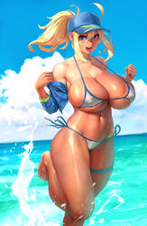 1girls ahoge ahoge_through_hat artoria_pendragon barefoot baseball_cap beach bikini blonde_hair blue_eyes breasts eu03 fate/grand_order fate_(series) feet hat huge_breasts jacket micro_bikini mysterious_heroine_xx_(foreigner) ponytail shiny solo swimsuit tan thick_thighs thigh_strap voluptuous wide_hips