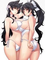 2girls abs absurdly_long_hair adjusting_clothes adjusting_swimsuit alternate_breast_size angelo1106 animal_ears ass asymmetrical_docking atago_(azur_lane) atago_(summer_march)_(azur_lane) azur_lane bangs bikini black_hair blunt_bangs bow breast_press breast_to_breast breasts brown_eyes choker cleavage closed_mouth contrapposto cowboy_shot eyebrows_visible_through_hair female flower hair_between_eyes hair_flower hair_ornament hairbow high_resolution hoosaku huge_breasts in_profile light-skinned_female light_skin long_hair looking_at_viewer mole mole_under_eye multiple_girls one-piece_swimsuit one_arm_up ponytail sakura_empire_(azur_lane) siblings side-tie_bikini sideboob simple_background sisters smile source_request standing strap_gap swimsuit symmetrical_docking takao_(azur_lane) takao_(beach_rhapsody)_(azur_lane) thick_thighs tied_hair underboob very_long_hair white_bikini white_swimsuit whooosaku wide_hips yuri