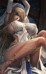 1girls annoying_watermark armpits arms_up ass big_ass big_breasts blindfold blonde_hair blush breasts clothes dress feet female female_only gloves goblin_slayer huge_breasts human knees_together large_ass large_breasts lexaiduer lipstick long_hair open_mouth patreon red_lipstick shoes sideboob sitting solo sword_maiden_(goblin_slayer) teeth text thick_thighs thin_waist tongue url veil watermark wide_hips