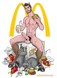 abs boner brown_eyes chicken_nuggets digitigrade eating erect_penis erection facial_hair food french_fries gray_fur gray_hair grease hamburger horns horns_and_hooves large_penis logo looking_up male male_only mask_(marking) mcdonald's milkshake muscle nude pecs penis pickle precum_drip pubic_hair raccoon rob_clarke sandwich_(food) satyr spread_legs testicles uncut veiny_penis