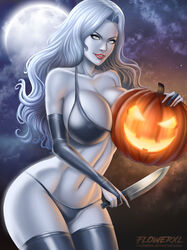 1girls artist_name belly_button big_breasts bra breasts busty carving chaos_comics cleavage curvaceous curvy eye_contact eyeshadow female female_only flowerxl gloves grey_bra grey_gloves grey_panties grey_skin grey_thighhighs grey_thong halloween holding_fruit holding_knife holding_weapon huge_breasts jack-o'-lantern knife lady_death large_breasts lipstick long_hair looking_at_viewer makeup mascara midriff moon navel night panties pinup pumpkin red_lips red_lipstick solo standing stomach text thick_thighs thighhighs thighs thong voluptuous weapon white_eyes white_hair