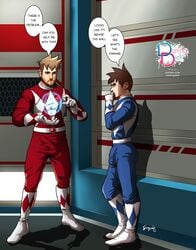 2boys blue_ranger brown_hair bulge dating_dick dirty_blonde_hair erection_under_clothes gay male male_only mighty_morphin_power_rangers power_rangers red_ranger speech_bubble uniform vpl yaoi