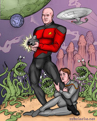 alien bald brown_hair bulge carnivorous_plant combadge duo holding_leg human jean-luc_picard male muscular_thighs mushrooms older_man_and_younger_boy outer_space phaser phaser_rifle red_shirt rob_clarke star_trek star_trek_the_next_generation starfleet_insignia starfleet_uniform starship tentacles testicles uniform wesley_crusher yaoi