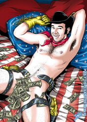 1boy american_flag armpit_hair armpits bandana bed billy_the_kid cowboy cowboy_hat gloves gun hairy_chest ivan_garcia male male_only money muscles naked neckerchief solo