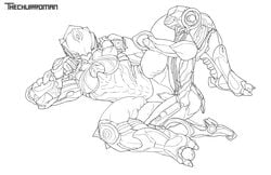 1boy 1girls femboy femboy_on_female hetero hildryn_(warframe) laying_down leg_grab male/female muscular_female nezha_(warframe) penis pussy side_view size_difference straight thechurroman warframe