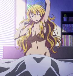 1girls arm_up armpits bare_shoulders bed bedroom blanket blonde_hair breasts censored_breasts censored_nipples closed_eyes collarbone convenient_censoring curvy earrings edit eyebrows_visible_through_hair eyelashes female female_focus female_only galko hair_censor hair_over_breasts highres hips human jewelry large_breasts long_fingernails long_hair nail_polish navel nipple_censor nude open_mouth oshiete!_galko-chan screencap screenshot screenshot_edit solo solo_female stitched stretching teeth third-party_edit tongue voluptuous wide_hips