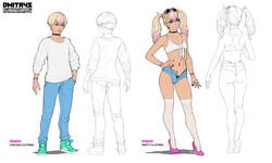 1boy androgynous ass bimbo blonde_hair blue_eyes choker comparison crop_top crossdressing dmitrys eyewear_on_head femboy girly hand_on_hip high_heels highlights light-skinned_femboy lipstick makeup male male_only nail_polish original original_character peach_(dmitrys) pink_footwear shortshorts sneakers solo sunglasses thong trap twintails