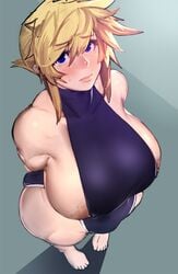 areola_slip areolae bare_arms bare_legs bare_shoulders blonde_hair blue_eyes blush breasts busty erect_nipples female female_focus female_only gen'en_(sioherashi) huge_breasts nipple_bulge short_hair solo standing