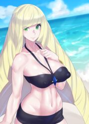 1girls abs aether_foundation armpits bare_shoulders beach big_breasts bikini black_bikini blonde_hair breasts cleavage clothed day erect_nipples evuoaniramu eye_contact eyelashes female female_only green_eyes hair_over_one_eye huge_breasts large_breasts looking_at_viewer lusamine_(pokemon) midriff milf mizuumi_(bb) mother muscular_female naughty_face navel nintendo nipples ocean outdoors pokemon pokemon_sm pose pubic_hair seductive seductive_smile sideboob smile solo standing thick_thighs water