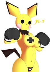 1girls 3dboxing ? abs anthro anthro_only anthrofied armpits belly big_breasts big_ears big_thighs black_boxing_gloves black_eyes black_fur black_gloves black_tail boxing boxing_gloves breasts confused covered_nipples ears eye_contact eyelashes female female_only furry g-string gloves highres humanoid looking_back mostly_nude mouse navel nintendo nipple_bulge open_mouth panties pasties pichu pink_cheeks pokemon pokemon_gsc pose rodent solo solo_female source_request standing tail tape text thick thick_hips thick_thighs thighs thong topless white_background wide_hips yellow_body yellow_fur yellow_skin