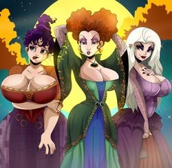 3girls big_breasts black_hair blonde_hair boobs breasts bust busty cleavage clothed corset disney dress female female_only full_moon halloween hocus_pocus huge_breasts mary_sanderson orange_hair redhead sanderson_sisters sarah_sanderson sisters sonson-sensei tits white_hair winifred_sanderson witch