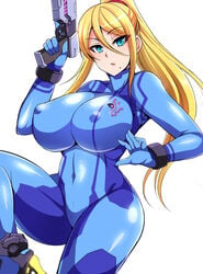 1girls alternate_breast_size bangs big_breasts blonde_hair blue_eyes bodysuit breasts clothed clothing covered_navel curvy erect_nipples eyebrows_visible_through_hair female female_focus female_only firearm footwear gloves gun hair_between_eyes handgun huge_breasts human large_breasts long_hair looking_at_viewer metroid mole mole_under_mouth nintendo nipple_bulge nishida_megane pale_skin pokies ponytail samus_aran shiny shiny_clothes sidelocks skin_tight solo thick_thighs thighs weapon white_background wristwear zero_suit zero_suit_samus