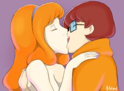 2girls b-intend big_breasts brown_hair closed_eyes clothed_female_nude_female daphne_blake female_only freckles glasses hair_ornament hairbow hanna-barbera kissing lipstick multiple_girls nail_polish orange_hair scooby-doo sweater velma_dinkley yuri