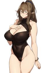 1girls big_breasts breasts brown_haired_glasses_elf_(houtengeki) cleavage elf erect_nipples female female_only glasses houtengeki large_breasts looking_at_viewer nipples solo sweat