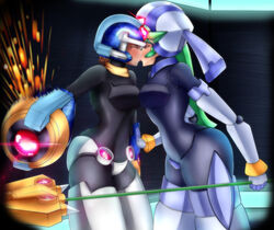 2girls aile android armor black_bodysuit bodysuit brown_hair capcom closed_eyes forced helmet kissing lluanhyperzero medium_breasts mega_man mega_man_zx multiple_girls pandora_(mega_man) power_armor red_eyes rockman rockman_zx short_hair staff thighhighs weapon yuri