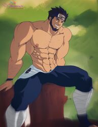 1boy abs bara beard bidbrock black_eyes black_hair bracelet bulge facial_hair flaccid forehead_protector headband looking_at_viewer male male_only mature mature_male muscles muscular muscular_male naruto naruto_(series) naruto_shippuden nipples pecs sarutobi_asuma sitting smile solo solo_focus tan_skin teeth topless uncensored