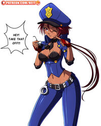 brown_skin cosplay forte_(crystalplanet00) league_of_legends oc officer officer_vi original_character patreon red_eyes red_hair reit speech_bubble stolen_clothes stolen_clothing text uniform wink