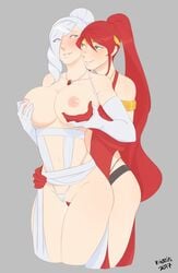 2girls blue_eyes circlet green_eyes high_ponytail k-inesis long_hair multiple_girls penetration ponytail pyrrha_nikos red_hair rwby smile strap-on tagme vaginal_penetration white_hair winter_schnee yuri