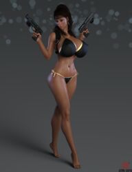 1girls 3d 3d_(artwork) aesmadaeva37 archer_(series) big_breasts bikini bikini_bottom bikini_top dark-skinned_female dark_skin earrings feet female female_only gun hoop_earrings hourglass_figure huge_breasts lana_kane navel solo swimsuit toes