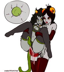 black_hair blush cat_bra clothing collar cum cum_inside damara_megido dickgirl fangs futa_only futanari green_tail grey_skin homestuck horns impregnation intersex long_hair meulin_leijon ms_paint_adventures one_eye_closed ovum rainbowsprinklesart red_lips short_hair tentabulge tentacle_penis thighhighs troll vaginal_penetration white_background yellow_eyes