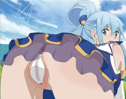 anus aqua_(konosuba) bent_over blonde_hair blue_eyes female_only kono_subarashii_sekai_ni_shukufuku_wo! long_hair looking_away looking_back maebari mandio_art outdoors pussy pussy_tape see-through solo tagme tape_over_pussy upskirt