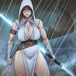 1girls athletic_female bare_legs big_breasts black_hair blue_eyes breasts brown_hair cleavage death_star devil_hs double_bladed_lightsaber electronics female female_only highres hood hood_up huge_breasts human kef_bir large_breasts lightsaber muscular_female no_pants outdoor outside pale_skin rain raining rey solo standing star_wars storm sword the_rise_of_skywalker thick_thighs water weapon