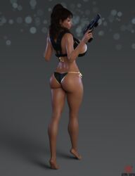 1girls 3d 3d_(artwork) aesmadaeva37 archer_(series) bikini bikini_bottom bikini_top dark-skinned_female dark_skin earrings female female_only gun hoop_earrings huge_breasts lana_kane solo swimsuit